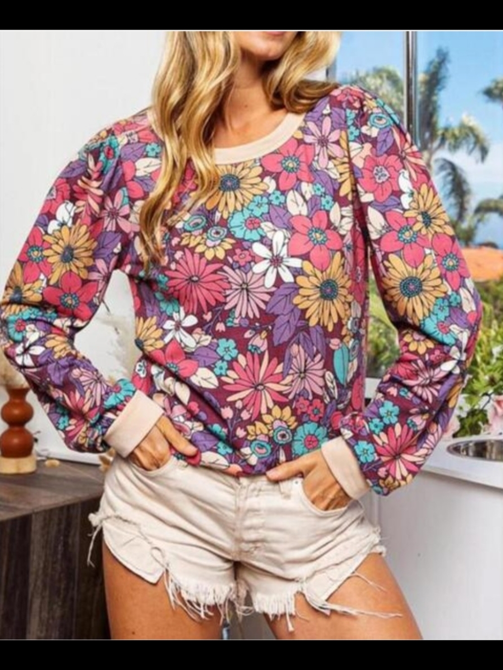 BiBi Multicolor Floral Puff Sleeve Sweatshirt - Purple, Pink, Teal, Yellow